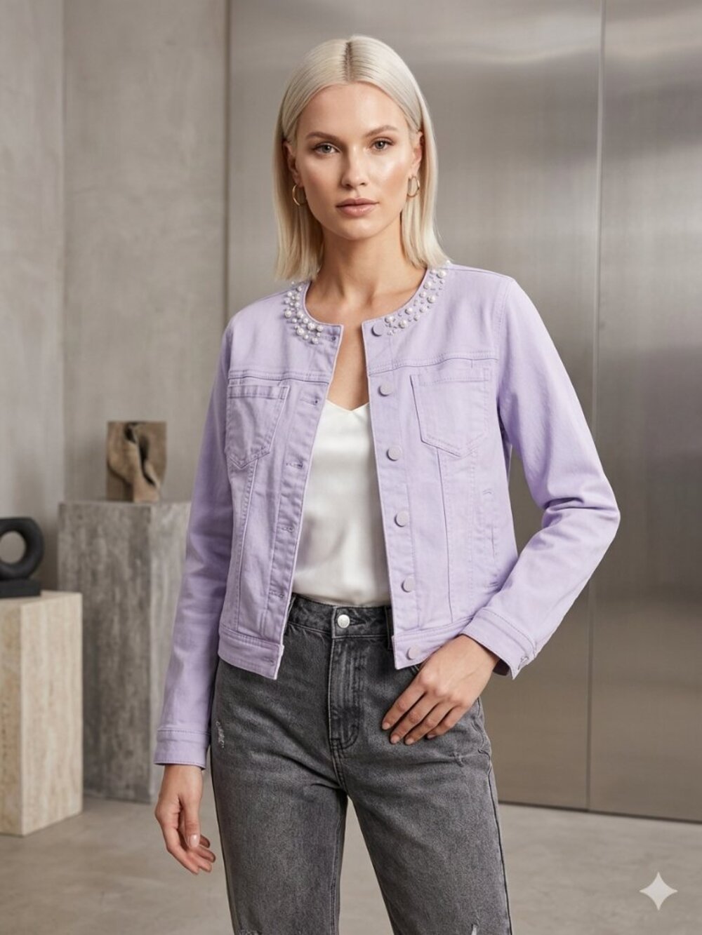 Lilac Laura  Denimi Jacket with Pearl Trim